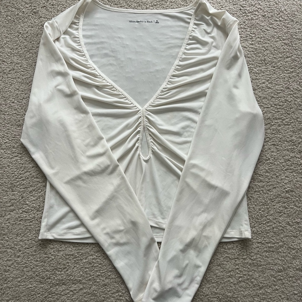 White Ruched V-Neck Top